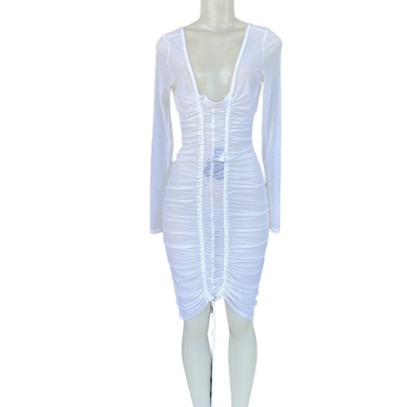 Auditions White Sheer Mesh Ruched Cover Up Dress Size L - Picture 1 of 9